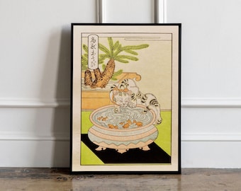 日本のヴィンテージ木版画猫ポスター、日本のヴィンテージ木版画アートプリント、猫好きへのギフト、日本のヴィンテージ壁アート、動物の壁飾り