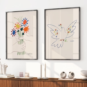 2er Set Pablo Picasso Ausstellung Poster Druck, Picasso Blumen Ausstellung Vintage Kunst Poster, minimalistische Linie Zeichnung, ideale Wohnkultur