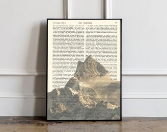 Mountain print on vintage book paper, Trendy poster print, Minimalist Print, Trendy Wall Art, Birthday Gift Idea, Bedroom wall decor