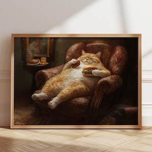 Mollige Katze Wandkunst mit Burger, Humorvolles Tier Kunstwerk für Küchendekor, gemütliches Vintage Stil Plakat, lustiges Geschenk für Katzenliebhaber