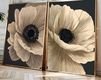 Black Gold Anemone Diptych Print Set, Dark Floral Line Art Poster, Set of 2 Luxury Wall Art, Moody Botanical Decor, Statement Home Gift