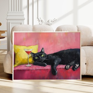 マティーニを持つ黒猫のアートプリント、かわいい風変わりな気まぐれなプリント、カクテルアートバー、ファインアートプリント、ギフトバーカートプリントバーカートの壁アート装飾