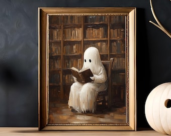 Ghost Reading Book print, Vintage Art Poster, Dark Academia, Haunting Ghost, Halloween Decor, Gothic Victorian Painting, Cottagecore Art