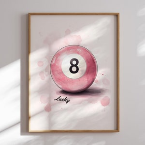 Vintage Pool Ball Druck, Lucky 8 Ball Wandkunst, Retro Hand gezeichnet 8 Ball Poster, Rosa Lucky You Druck, Retro Wand Kunst, Funky Y2K Druck