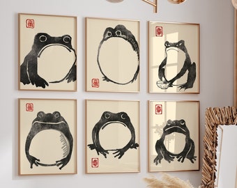 Set of 6 Matsumoto Hoji Frog Print, Matsumoto Hoji Frog Poster, Japanese Frog Print, Japanese VIntage Wall Art, Japanese woodblock print