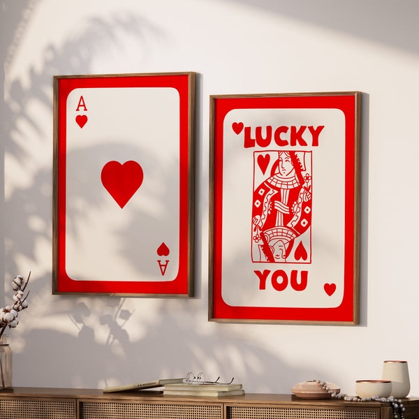 2er SET Trendy Retro Wandkunst, Lucky You Poster, Retro Ästhetischer Druck, Schwarze Ace Karte Poster, Trendige Wandkunst, Geschenkidee