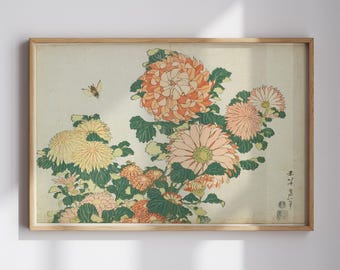 Vintage Japanese Print, Chrysanthemums and Horsefly poster, Floral Home Decor, Japanese Art, Living Room Wall Art decor, Ukiyo-e print
