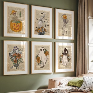 Conjunto de 6 estampados vintage de Halloween, póster vintage de otoño, decoración de arte de pared de Halloween, arte rústico de otoño, estampado de esqueleto, póster de Halloween