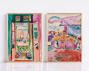 ZESTAW 2 plakatów Henri Matisse, plakat z otwartym oknem, widok na wydruk Collioure, sztuka ścienna Henri Matisse, zestaw ścienny Henri Matisse, pomysł na prezent
