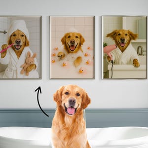 May include: Three framed prints depict a golden retriever in a bathroom setting. One dog is brushing its teeth, another is in a bubble bath with rubber ducks, and the third is getting its fur dried. The dog in the foreground is in a bathtub.