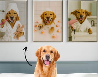 Custom Pet Portraits, Dog In Toilet, Pet in Bathtub, Funny Pet Portrait, Bathroom Dog Wall Art, Pet Gift, Bathroom Wall Art Decor Prints