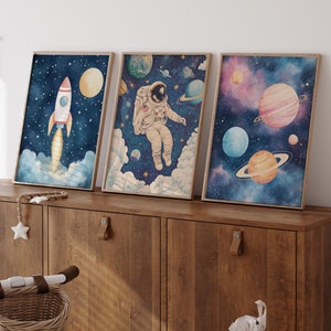子供部屋用宇宙飛行士ポスター、宇宙子供部屋プリント、宇宙飛行士惑星ポスター、ウォールアート、宇宙水彩画プリント、ロケットポスター