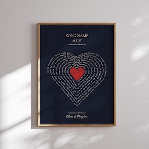 Tekst piosenki Heartfelt Song Lyrics Print - spersonalizowana sztuka ścienna w kształcie serca, spersonalizowany plakat muzyczny, spersonalizowany wydruk tekstu winylowego, prezent dla zakochanych
