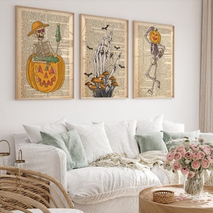 CONJUNTO DE 3 Impresión vintage de Halloween, Cartel de otoño vintage, Decoración de arte de pared de Halloween, Arte rústico de otoño, Impresión de esqueleto, Cartel de Halloween