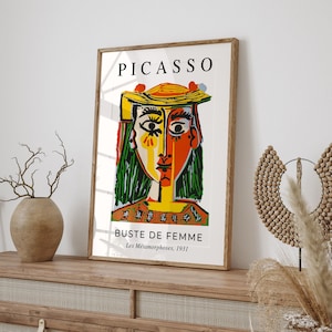 Picasso - Impresión de exposición femenina, cartel de exposición de Pablo Picasso, impresión de arte de pared neutral minimalista, regalo para mamá, decoración escandinava
