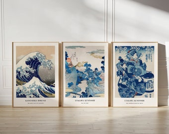 SET OF 3 Japanese Prints, Japanese wall art, Japanese poster, The Great Wave poster, Utagawa Kunioshi poster, Gift Idea, Japanese wall decor