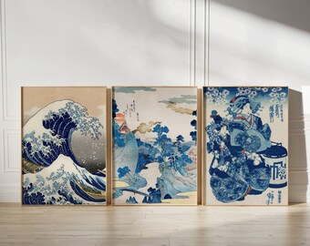 SET OF 3 Japanese Prints, Japanese wall art, Japanese poster, The Great Wave print, Utagawa Kunioshi print, Gift Idea, Japanese wall decor
