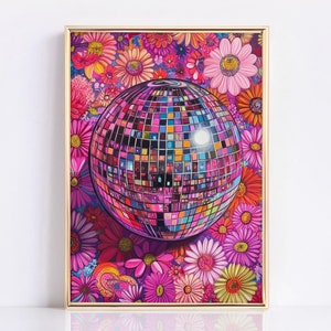 Disco Ball Maximalist Oil Painting poster, Aesthetic wall art, Disco Print, Preppy Bar Cart Art, Trendy Retro 70s Decor, Kitchen wall decor