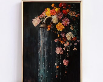 Botanical Bathroom wall art print, Floral Bath Wall decor, Shower Print Cottagecore Decor, Dark Green Print Laundry Room Decor, Bathroom Art