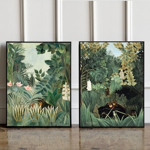 SET OF 2 Henri Rousseau Prints, The Equatorial Jungle 1909, Merry Jesters 1906, Jungle tropical poster, Tropical wall art, Exhibition poster