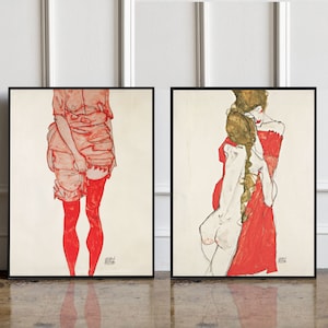 SET OF 2 Egon Schiele prints, Standing Woman in Red and Mother and Dother wall art decor poster, Vintage Decor, Gift Idea, Bedroom Wall Art