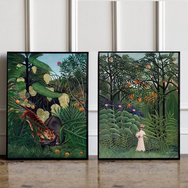 SET OF 2 Henri Rousseau Prints, The Equatorial Jungle 1909, Merry Jesters 1906, Jungle tropical poster, Tropical wall art, Exhibition poster