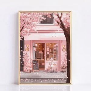 Impression café rose, affiche d'art mural fleurs de cerisier, affiche café, art mural rose, art mural café, art mural cuisine, cadeau pour les amateurs de café