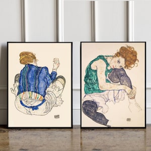 SET OF 2 Egon Schiele print, Mujer sentada con piernas Dibujadas impresión, Mujer sentada Back View print, Egon Schiele poster, Egon Schiele print
