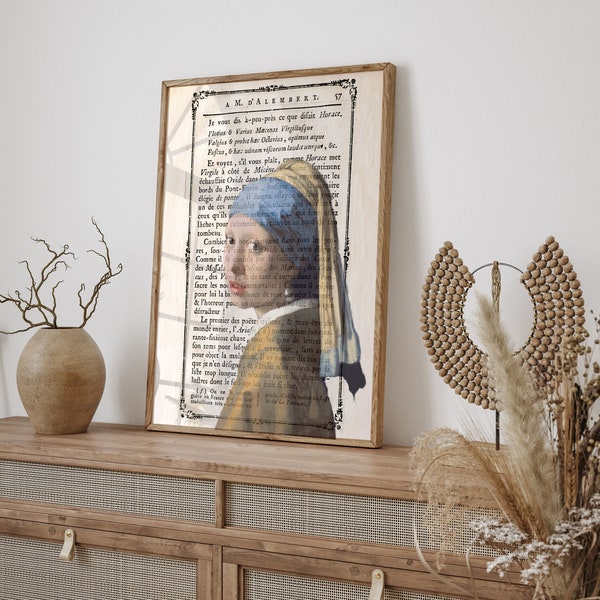 Girl with a Pearl Earring on antique book page Print, Vermeer Exhibition Poster, Vermeer Exhibition Print, Girl with pearl earring poster