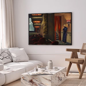 May include: A framed painting depicting a woman in a blue dress standing in a theater lobby. The woman is looking down and appears to be lost in thought. The painting is set against a backdrop of red velvet seats and ornate architectural details.