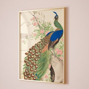 Pfau und Blumen Vintage Malerei von Nagasawa Roshui, Vintage Poster, Pfau Vintage Druck, Vintage Japanische Kunst, Antike Zeichnung Kunst