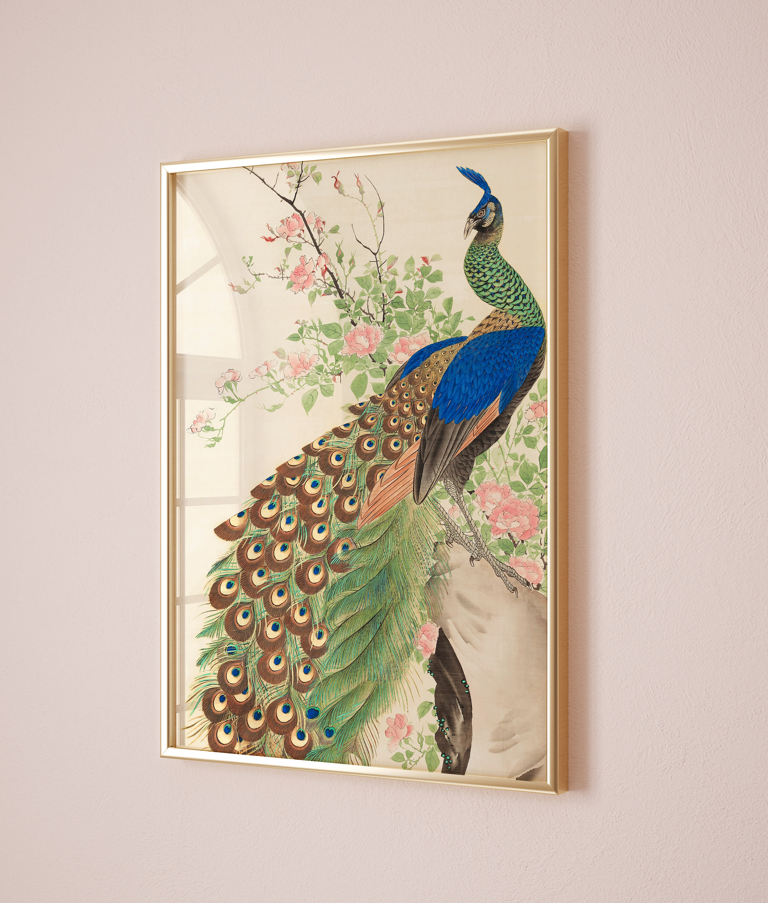 長沢露水による孔雀と花のビンテージ絵画、ビンテージポスター、孔雀の