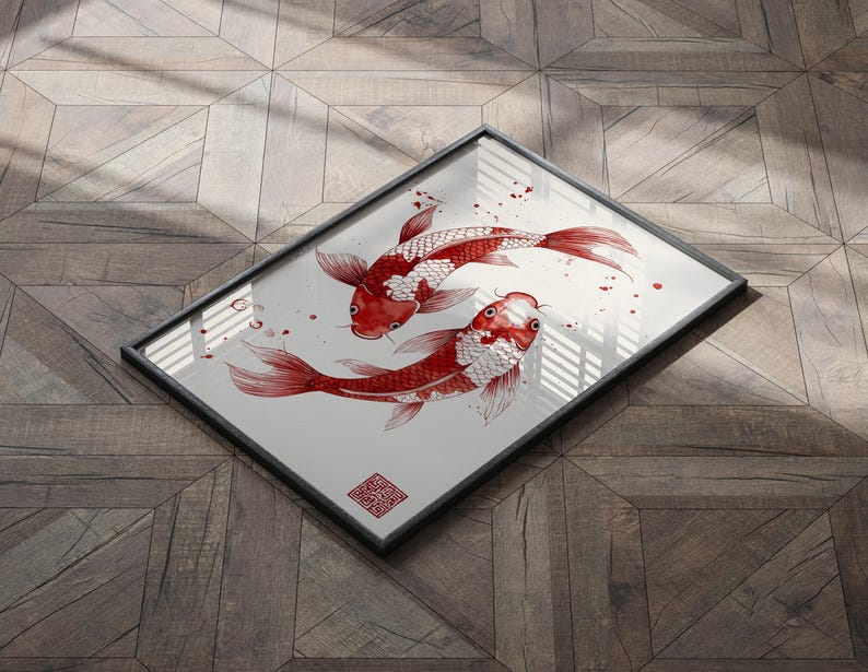 May include: A framed print of two red and white koi fish swimming in a circle. The fish are drawn in a minimalist style with black ink on a white background.