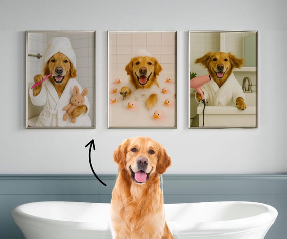 Custom Pet Portraits, Dog In Toilet, Pet in Bathtub, Funny Pet Portrait, Bathroom Dog Wall Art, Pet Gift, Bathroom Wall Art Decor Prints