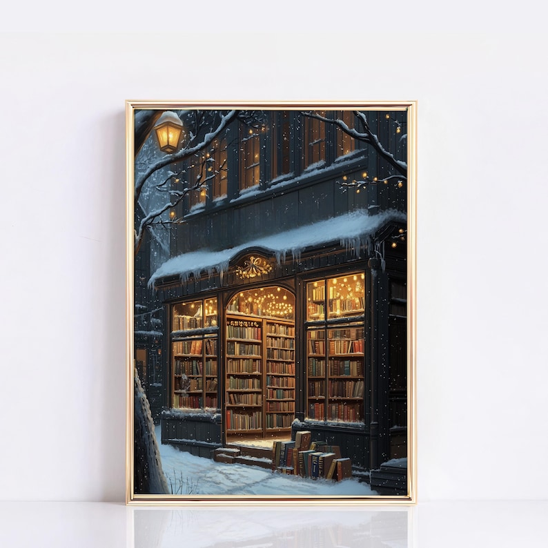 May include: A snowy night scene with a bookstore storefront lit up with warm yellow lights. The windows are filled with bookshelves and the storefront is decorated with twinkling lights.
