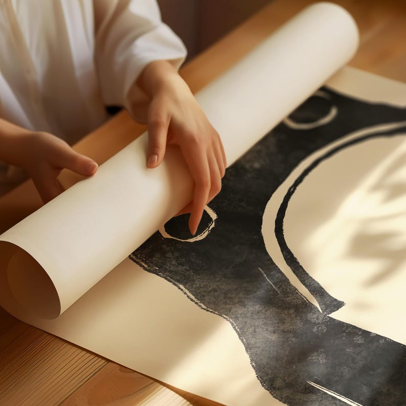 May include: A person unrolling a large sheet of paper with a black and white abstract design. The design features a large circle with a smaller circle inside, and a curved line extending from the circle.
