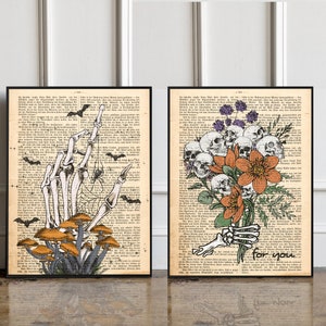 2er Set Vintage Halloween Poster, Vintage Herbst Poster, Halloween Wandkunst Dekor, rustikale Herbst Kunst, Skelett Druck, Halloween Poster