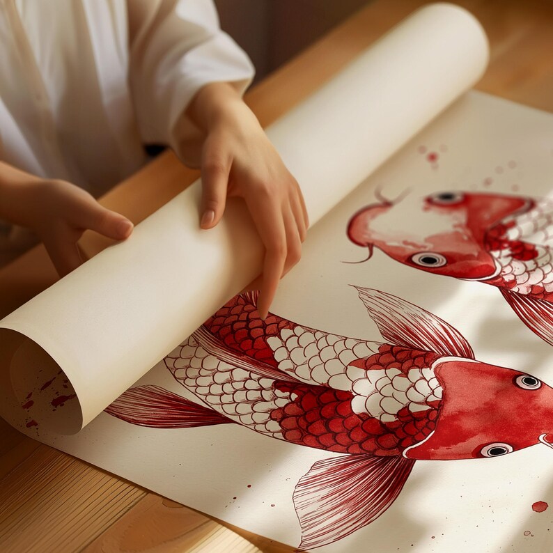 May include: A white sheet of paper with two red and white koi fish drawn on it. The fish are detailed with scales and fins. A person is rolling up the paper, revealing the fish.