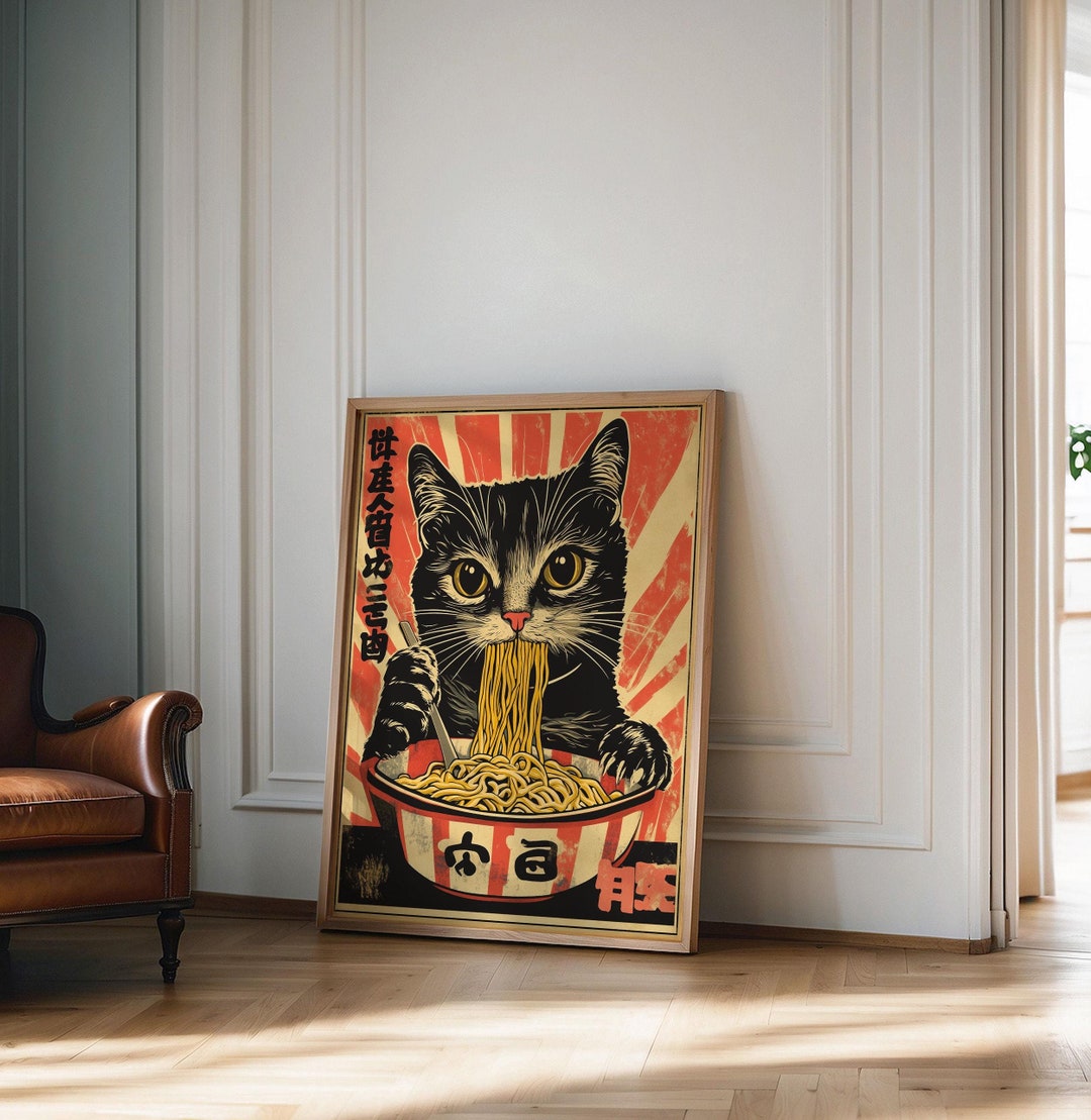 Vintage Cat Eating Ramen, Noodles Poster, Funny Black Cat Wall Art ...