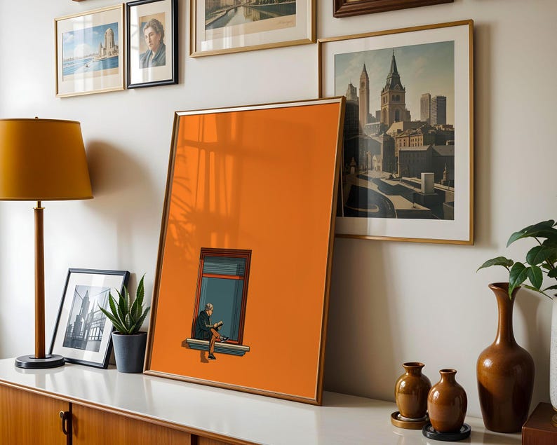 Arte minimalista naranja para pared, pintura decorativa estética para el hogar, estampado cálido y soleado, póster para amantes de los libros, decoración que estimula la dopamina imagen 2