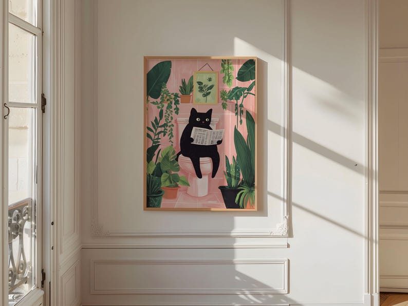 May include: A black cat sitting on a toilet reading a newspaper in a bathroom with pink walls and green plants.