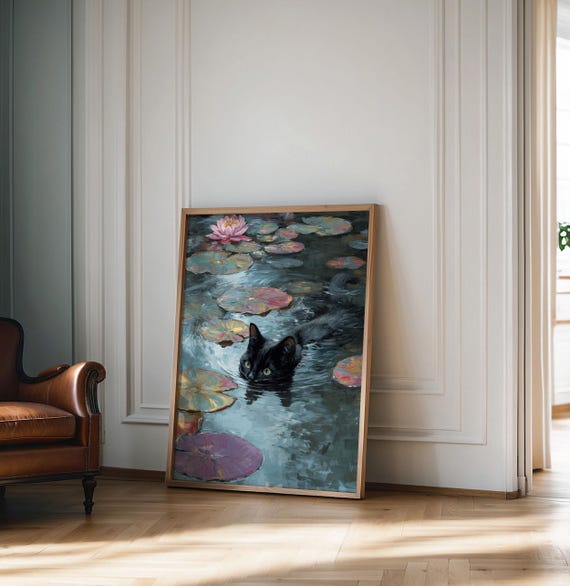 Monet Waterlily Cat Print, Claude Monet Cat Poster, Black Cat Art, Floral Print, Funny Cat print, Funny gift, Home decor Poster Floral Print
