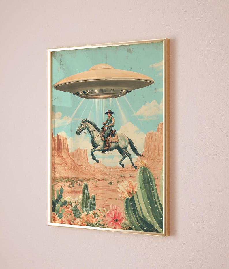 UFO COWBOY Fine Art, WESTERN Americana Poster Print, Retro Sci-fi Home ...