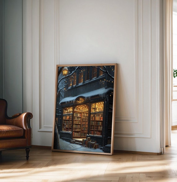Winter Book Shop New York Wall Art, Reading Nook Print, Bookish Christmas Decor, Book Lover Gift, The Bookshop print, Bookstore poster
