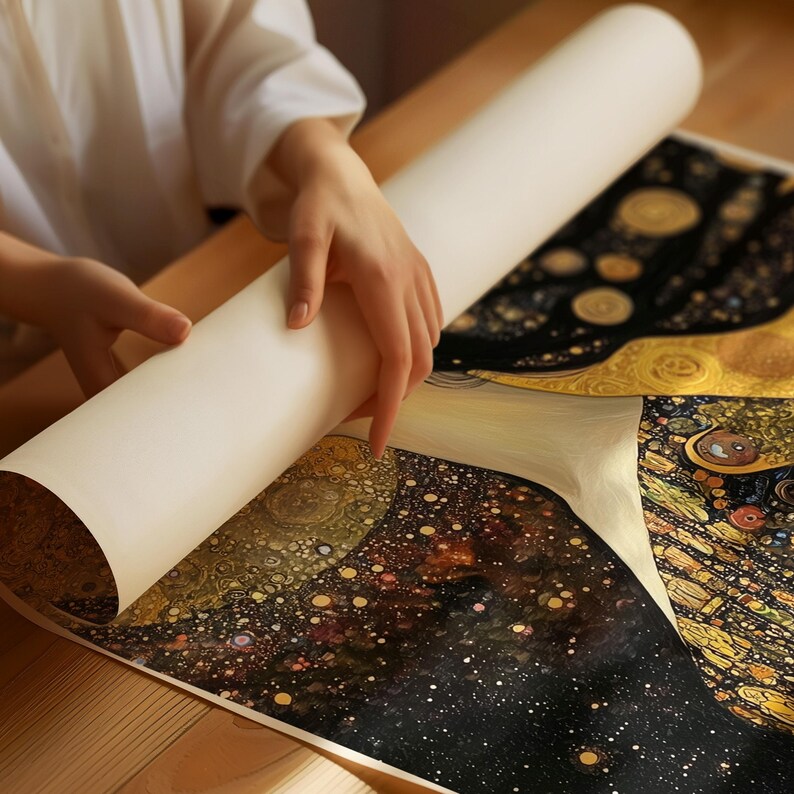 May include: A person unrolling a print of a famous painting. The print features a black and gold background with a swirling pattern of stars and dots. The print is rolled up and being unrolled by a person's hand.