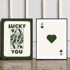 2er SET Trendy Retro Wandkunst, Lucky You Poster, Retro Ästhetischer Druck, Dunkelgrünes Ass Karte Poster, Trendige Wandkunst, Geburtstagsgeschenkidee