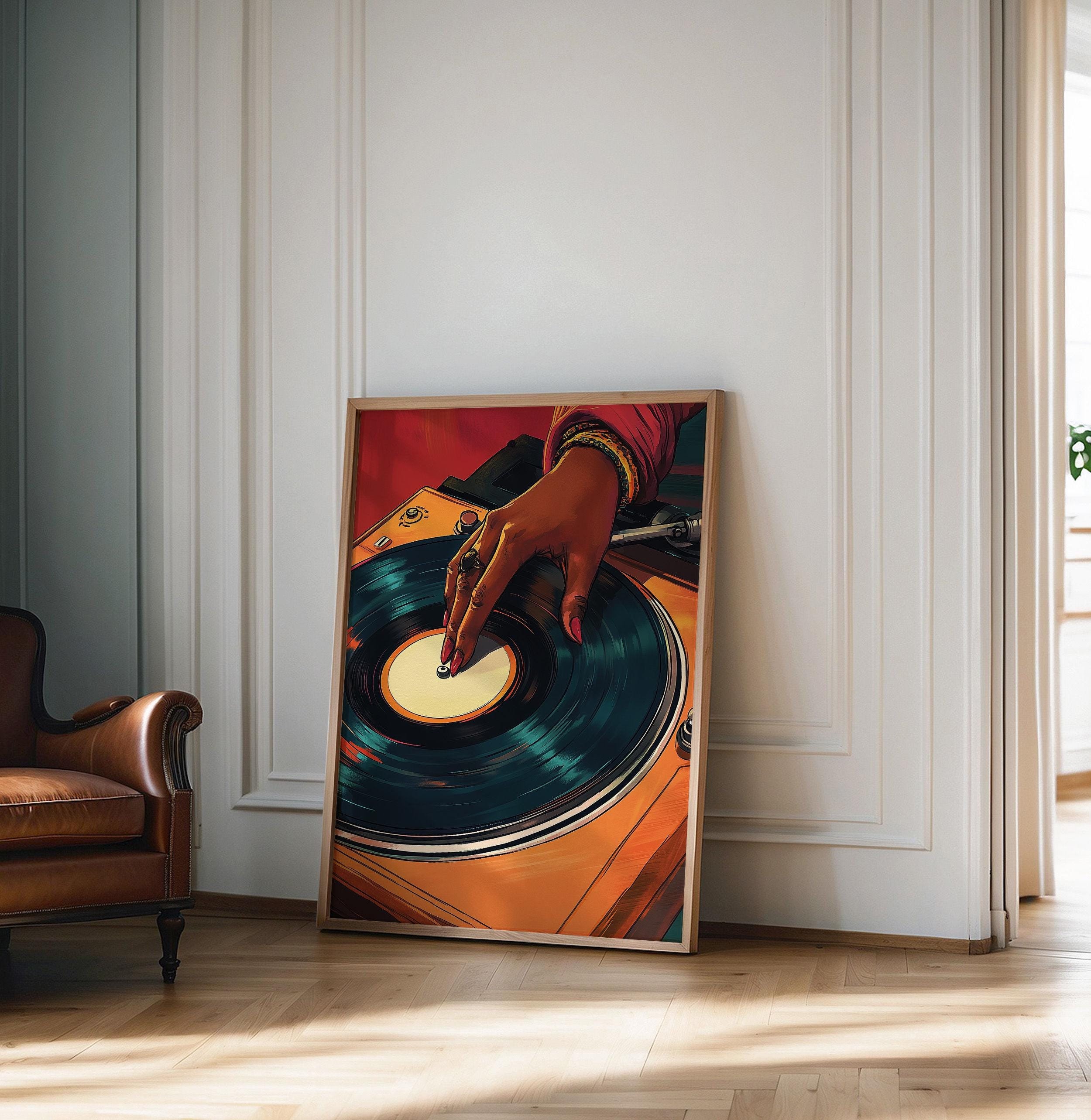 Vintage Turntable Art, Black Woman Art, African American Music