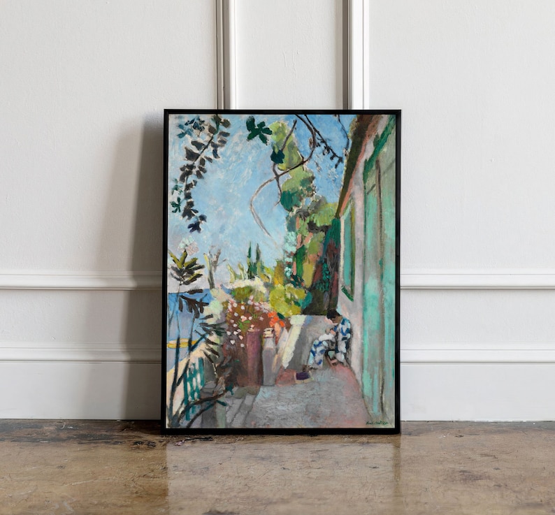 May include: A painting of a woman sitting on a patio with a view of the sea. The patio is surrounded by lush greenery and a white building with a green door. The painting is done in a style reminiscent of Impressionism, with bold brushstrokes and vibrant colors.