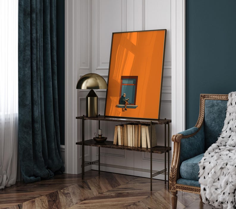 Arte minimalista naranja para pared, pintura decorativa estética para el hogar, estampado cálido y soleado, póster para amantes de los libros, decoración que estimula la dopamina imagen 3