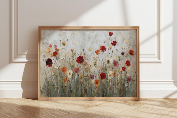 Wildflower Field Framed Wall Art, Abstract Botanical Landscape print, Vintage Floral Decor, Modern Farmhouse Art, Flowers Wall Art Print